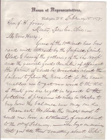 GARFIELD, JAMES A. Letter Signed, “JAGarfield,” as Representative, to Rev. J.H. Jones (“My Dear Harry”),